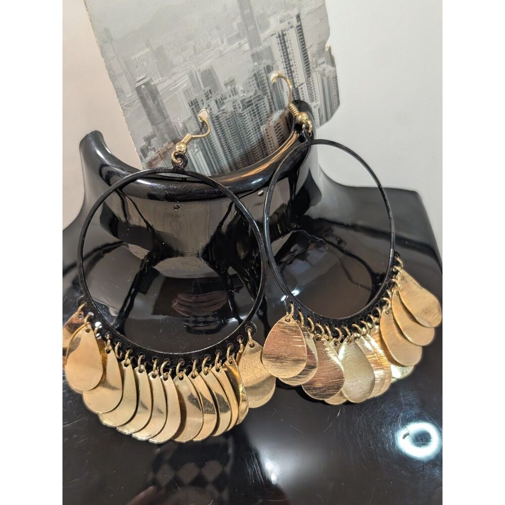 Boho Black Hoop Earrings Gold Teardrop Fringe Dangle Chandelier Statement